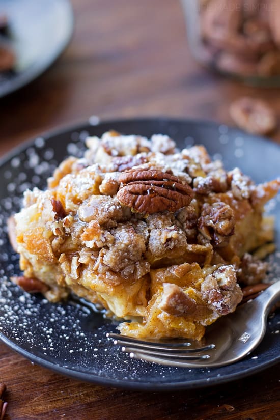 This overnight pumpkin french toast bake is the perfect dish for chilly fall mornings. It’s topped with a chunky spiced pecan streusel.