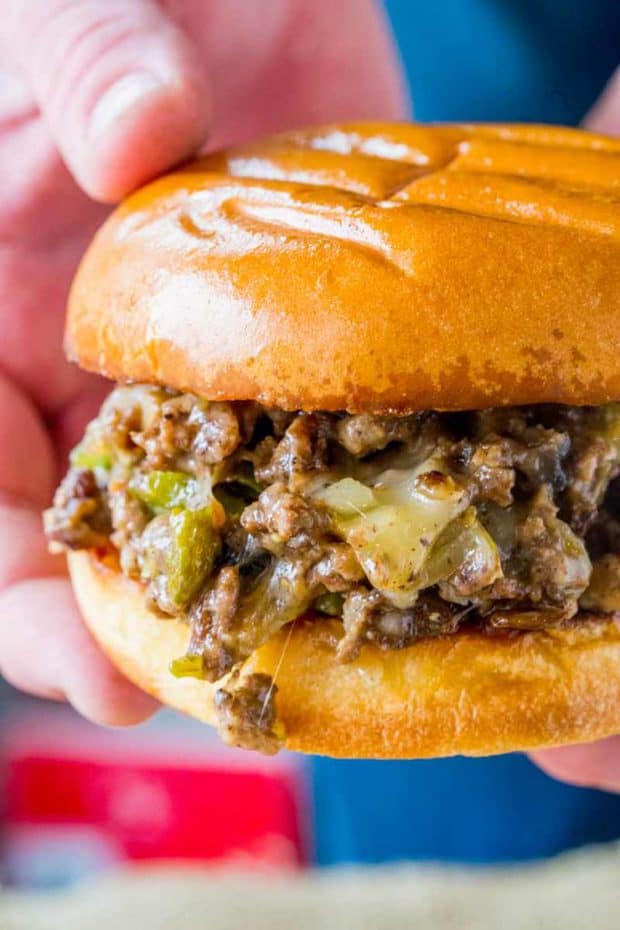 These Philly Cheese Steak Sloppy Joes from Dinner Then Dessert will make you fall in love with sloppy joes again. They are a super easy dinner with all your favorite Philly Cheese Steak flavors!