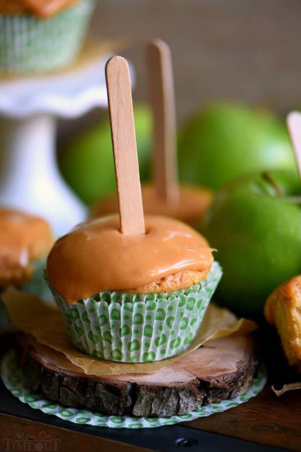 Moist cupcakes loaded with apples and applesauce for double the apple flavor. A decadent caramel frosting tops them off beautifully. Popsicle sticks not optional.