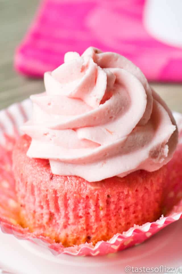 Use a boxed cake mix and jello to make these simple strawberry cupcakes. And don’t forget the strawberry buttercream on top! These Strawberry Buttercream Cupcakes won’t last long!