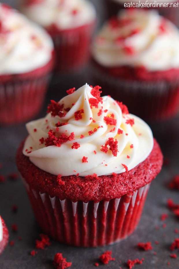 The BEST Red Velvet Cupcakes are a light cake with a beautiful red color and a slight chocolate flavor with a little tang from the buttermilk.  They are perfectly moist and topped with cream cheese frosting.  You will agree that these are the best!