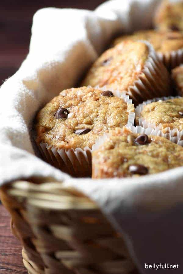Chocolate Chip Toffee Banana Bread Muffins are rich and wonderful. They freeze beautifully and reheat in seconds. Enjoy them with a cup of coffee or cold glass of milk!