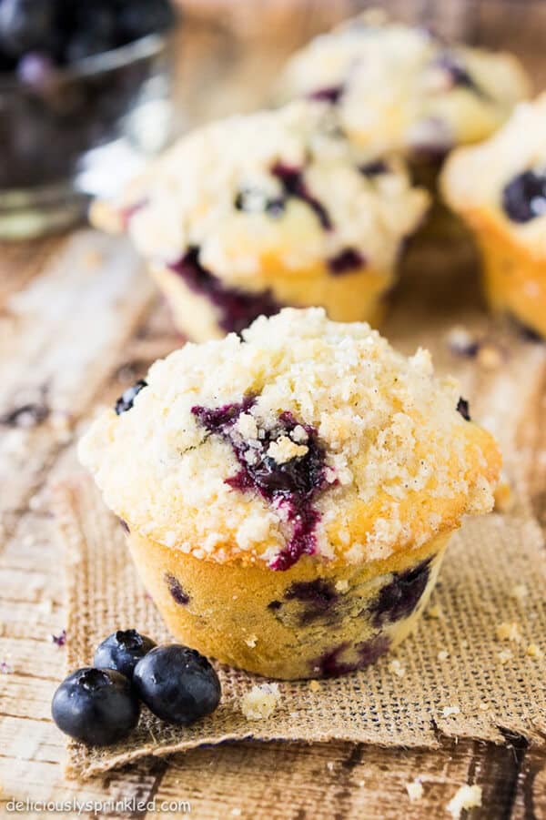 hese Homemade Blueberry Muffins are moist and fluffy with a cinnamon-sugar crumb topping!