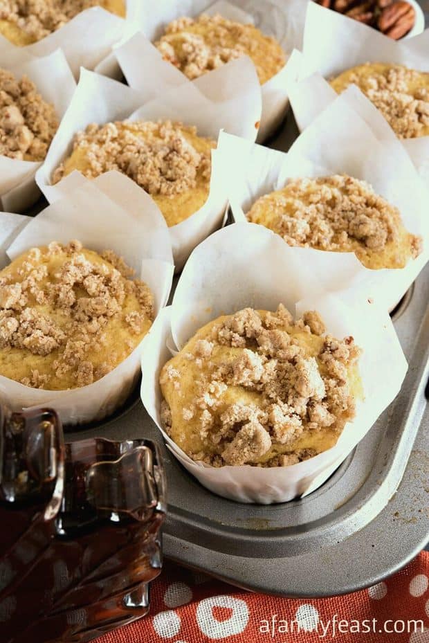 Maple Streusel Muffins are sweetened with real maple syrup and topped with a sugar pecan crumb topping! What a delicious way to start your day!
