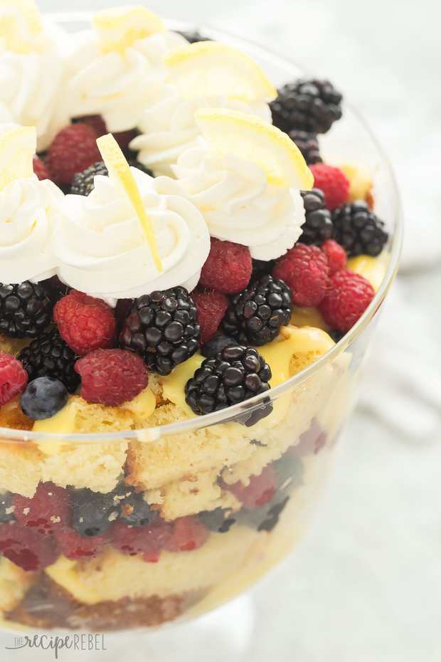This Lemon Berry Trifle is perfectly tart and sweet, with a citrusy lemon cake, vanilla pudding, whipped cream and a load of berries! It’s the perfect dessert for Spring.