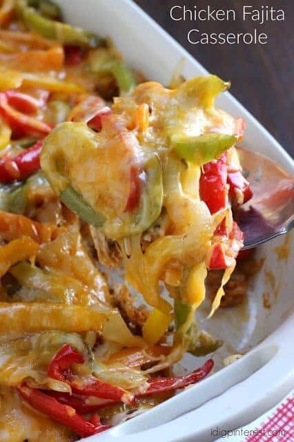 This Chicken Fajita Casserole from I Dig Pinterest is a colorful and cheesy-good meal! Delicious Spanish style rice is layered with tender chicken, tortillas, and bell peppers.