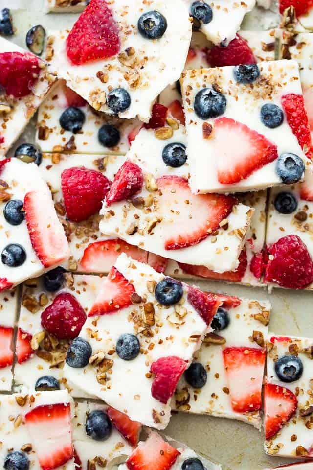 Frozen Yogurt Bark with Berries – Frozen yogurt studded with gorgeous blue and red berries! A delicious, fun, and healthy dessert!