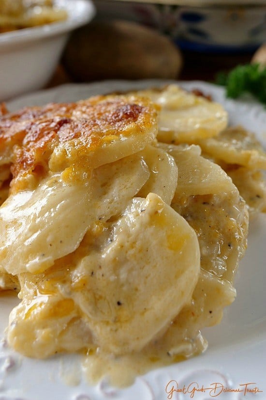 Scalloped potatoes are so good and these cheesy garlic scalloped potatoes are even better. Loaded with three different types of cheese, garlic and sour cream, these are definitely some tasty taters! Totally scrumptious.