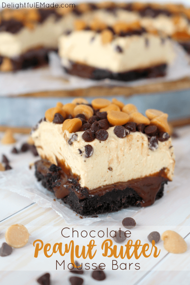  A chocolate and peanut butter lovers dream!  With an OREO cookie crust, hot fudge, a thick layer of peanut butter mousse and topped with chocolate and peanut butter chips, these bars are cool, creamy and completely delicious!