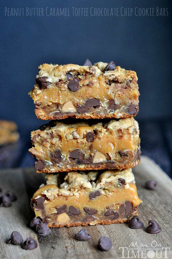 Peanut Butter Caramel Toffee Chocolate Chip Cookie Bars – what more could you ask for? These cookie bars combine all your favorite flavors into one mouth watering bite that no one will be able to resist. Sure to become a new family favorite!