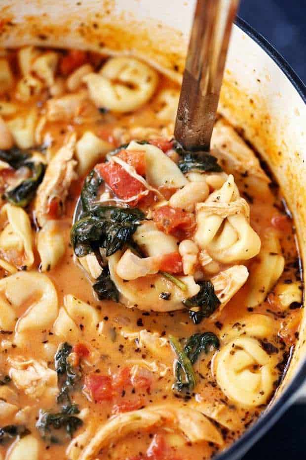 Creamy Tuscan Garlic Tortellini Soup is so easy to make and one of the best soups that you will make!  Tortellini, diced tomatoes spinach and white beans are hidden is the most creamy and delicious soup that your family will love!