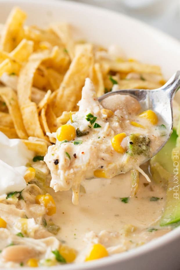  There are so many varieties of chili out there, but this creamy white chicken chili will soon be your favorites!  Just dump everything in your slow cooker and let it do the hard work for you!
