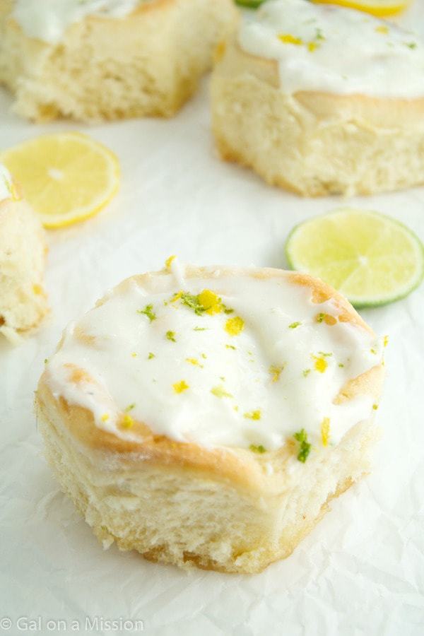 Soft and fluffy lemon-lime sweet rolls covered in a delicious lemon-lime cream cheese frosting! So easy and delicious! 