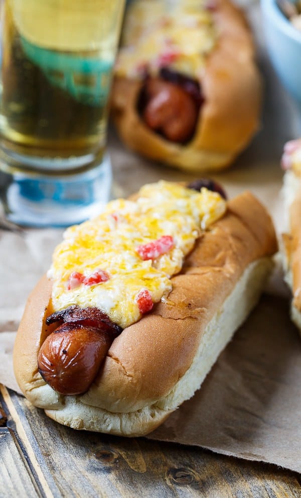 Bacon-Wrapped Hot Dogs with Pimento Cheese. That’s two of my favorite things- bacon and pimento cheese.