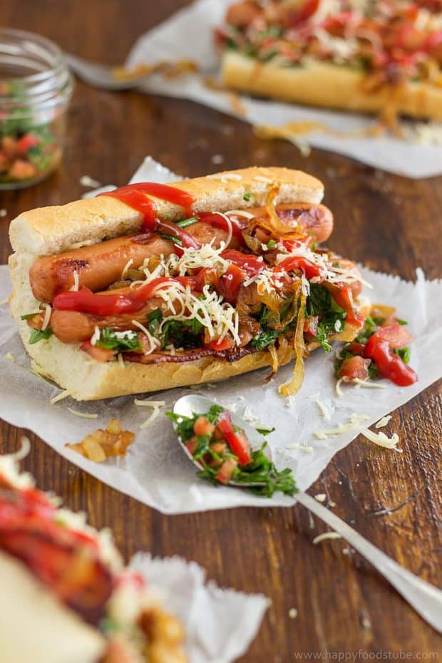  This homemade gourmet hot dog with bacon and salsa, topped with caramelized onions & cheese is a dream come true for your taste buds!
