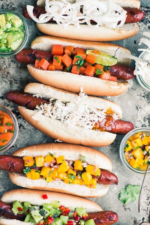 Tropical Hot Dog Bar ~ I admit it, I’m a closet hot dog lover, maybe you are too?  Today I’m sharing a slew of exotic toppings, including spicy kiwi relish and Maui onion slaw, that will turn your next barbecue into an island paradise!  Get ready, because it’s full-on summer just ahead…