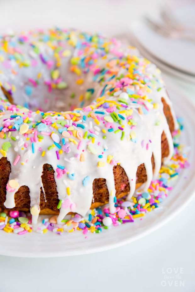 This easy and delicious funfetti bundt cake, filled with festive sprinkles, is perfect for celebrating any occasion.