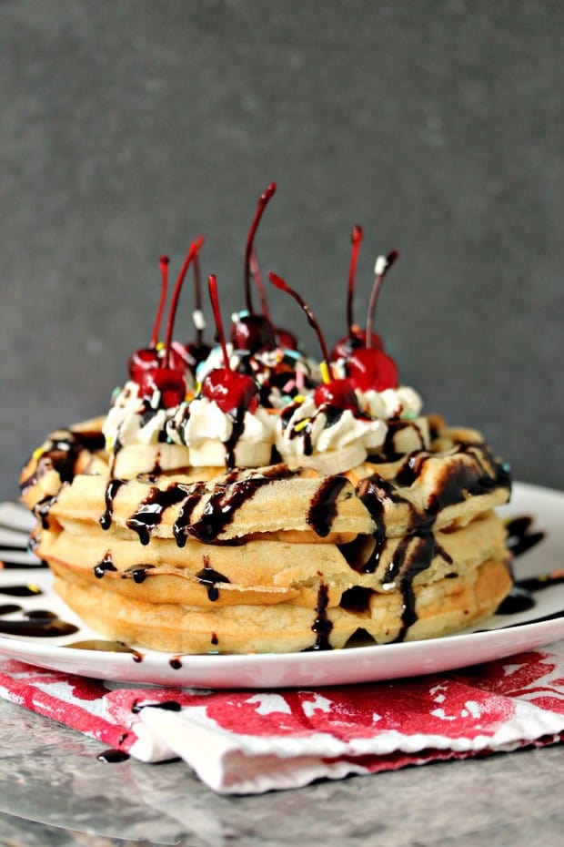 Belgian Waffles made with Fresh Bananas, then topped with Sliced Bananas, Whipped Cream, Cherries, sprinkles and chocolate sauce!