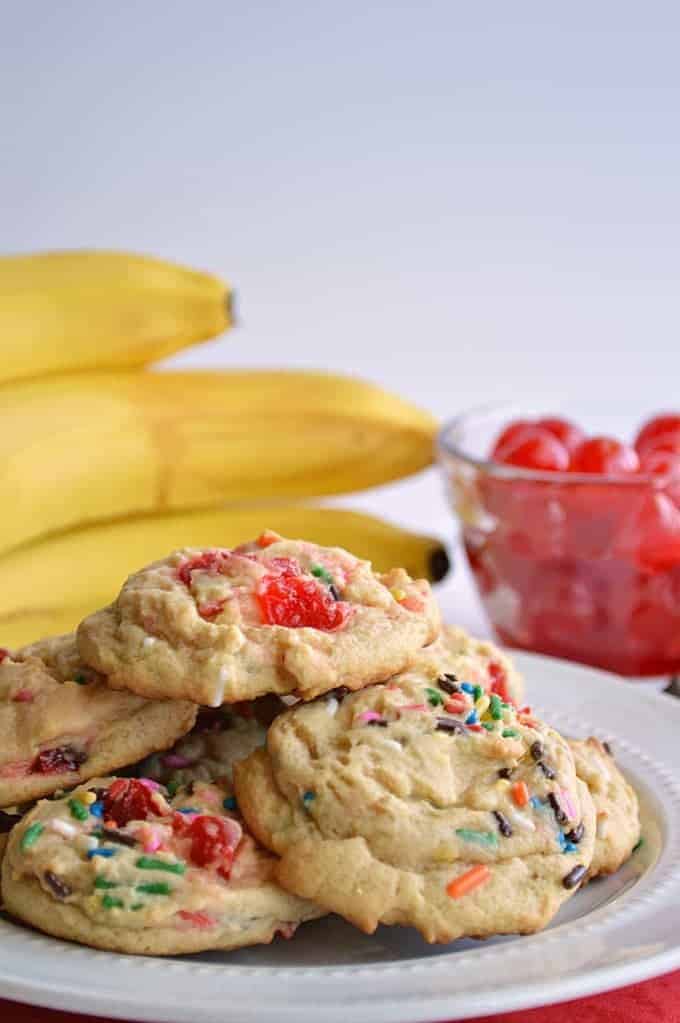 Banana split cookies.  Soft, chewy banana pudding cookies loaded with chocolate chips, sprinkles and maraschino cherries.