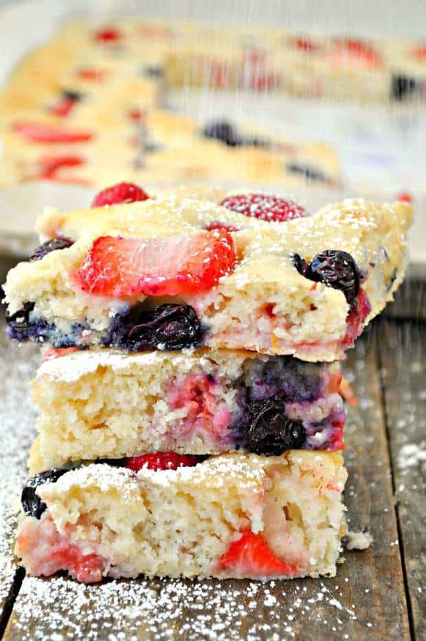 These vegan triple berry sheet pan pancakes save you all the hassle. You have a great batch of pancakes done all at the same time, ready serve so everyone can sit and eat together!