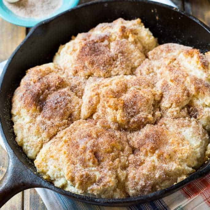 This Skillet Snickerdoodle Biscuits  recipe is super easy and produces really tall and light biscuits with a tender texture.