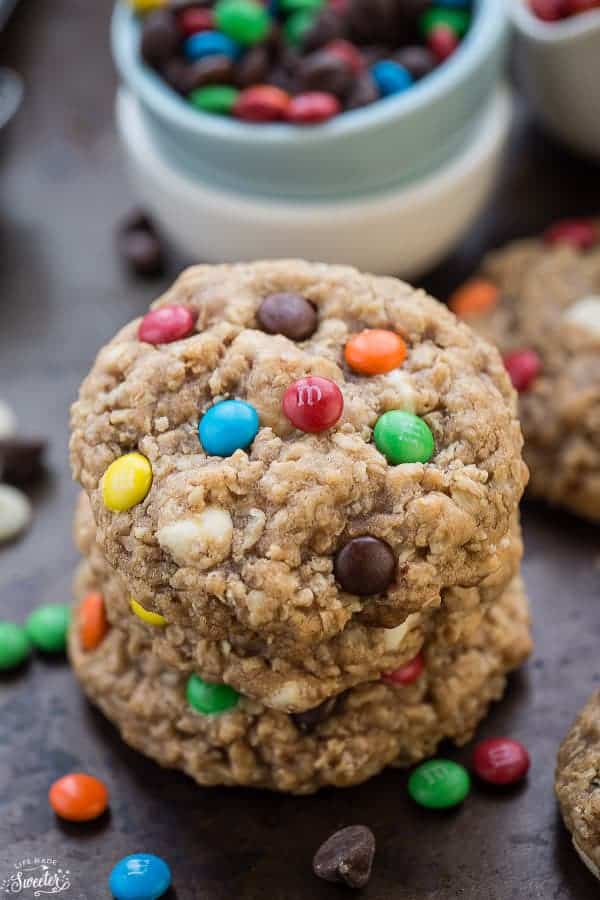 Oatmeal Monster Cookies with M&M’s are perfectly soft & chewy and so easy to make. The best way to serve them is with a tall glass of milk.