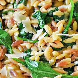 A dish is filled with food, with Orzo and Pasta