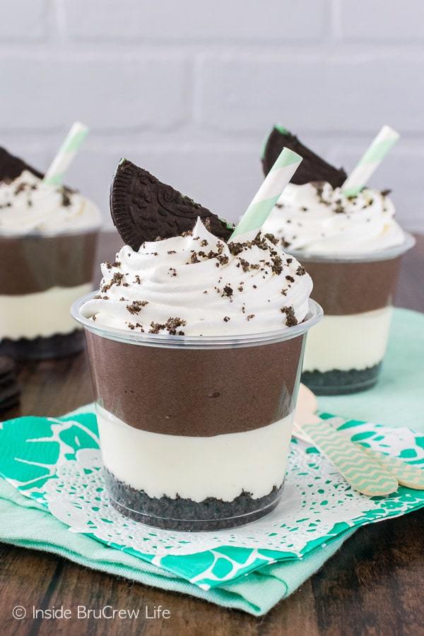 Layers of creamy mint and coffee cheesecake make these little No Bake Mocha Mint Cheesecake Parfaits a fun and easy summer dessert.