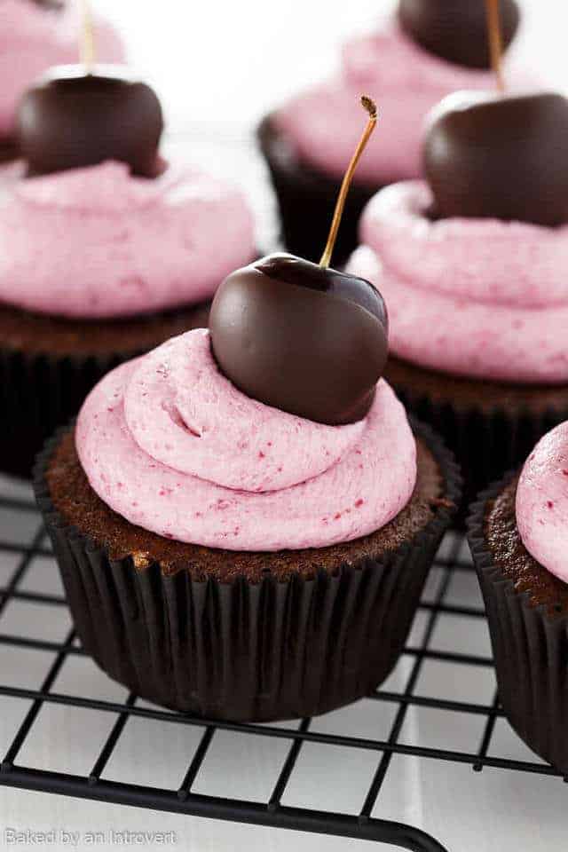 If you like chocolate covered cherries, you are going to love these Chocolate Cherry Cupcakes. A delicate spongy cupcake filled with cherry preserves and topped with cherry buttercream frosting. These are sure to be a crowd-pleaser!