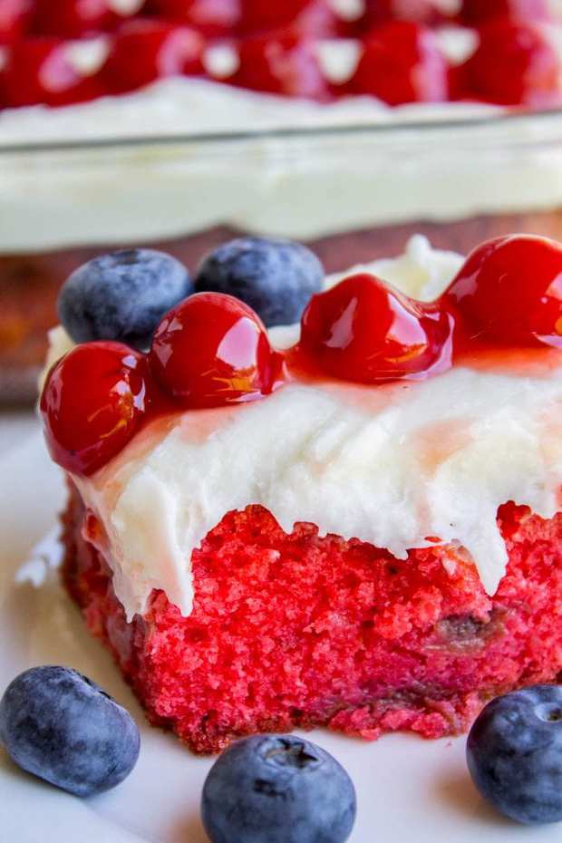 This cherry-studded flag cake is the perfect patriotic dessert to bring for a Memorial day or Fourth of July barbecue! Blueberries and cherries on top are super easy and so festive!