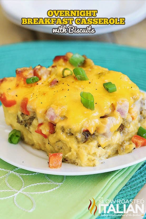 This amazingly simple casserole recipe starts with a scrumptious layer of left over buttery biscuits, it's filled with my favorite breakfast components and ends with a generous amount of ooey gooey cheese.  It is a complete breakfast.