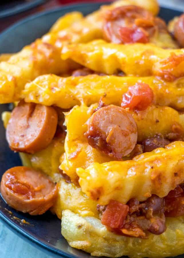 CHILI DOG CASSEROLE WITH CHEESE FRIES