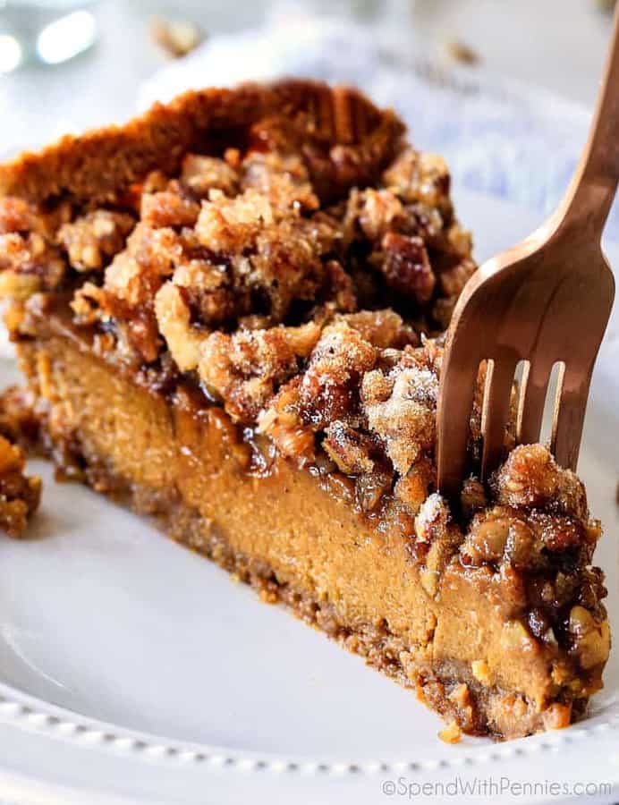 Introducing Praline Pumpkin Pie, AKA a new Thanksgiving must!  Creamy pumpkin pie topped with crunchy, chewy brown sugar pecans for the perfect flavor and texture combination in every bite!  Be the hero of Thanksgiving with this new twist on the comforting classics!