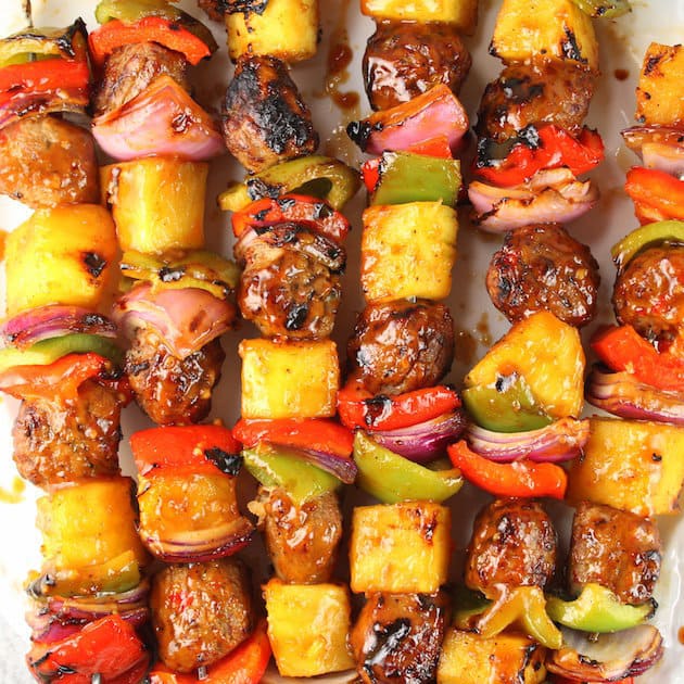 With fresh pineapple, red and green peppers, red onions, Teriyaki Ginger Chicken Meatballs and the most delicious homemade Teriyaki sauce your lips have tasted!