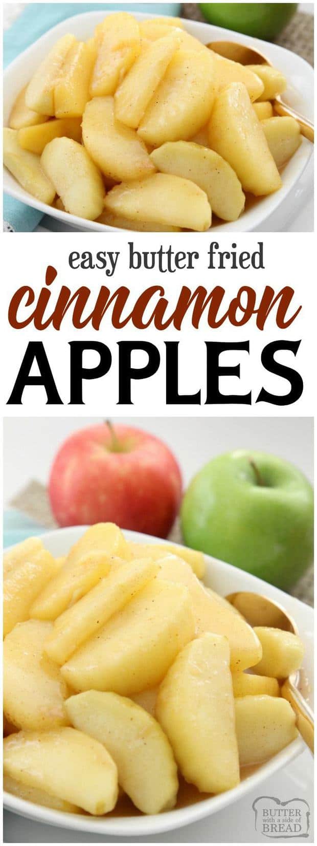 Cinnamon Apples recipe that’s simple to make & spiced with cinnamon & nutmeg. Fried with butter & brown sugar, they taste incredible with dinner or dessert!