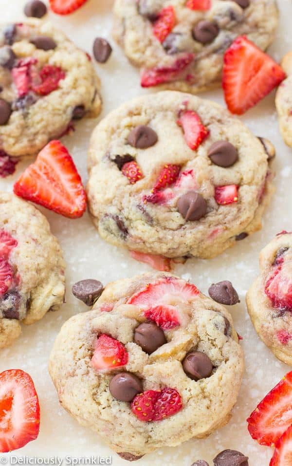 These homemade Strawberry Chocolate Chip cookies are loaded with fresh strawberries and milk chocolate chips.