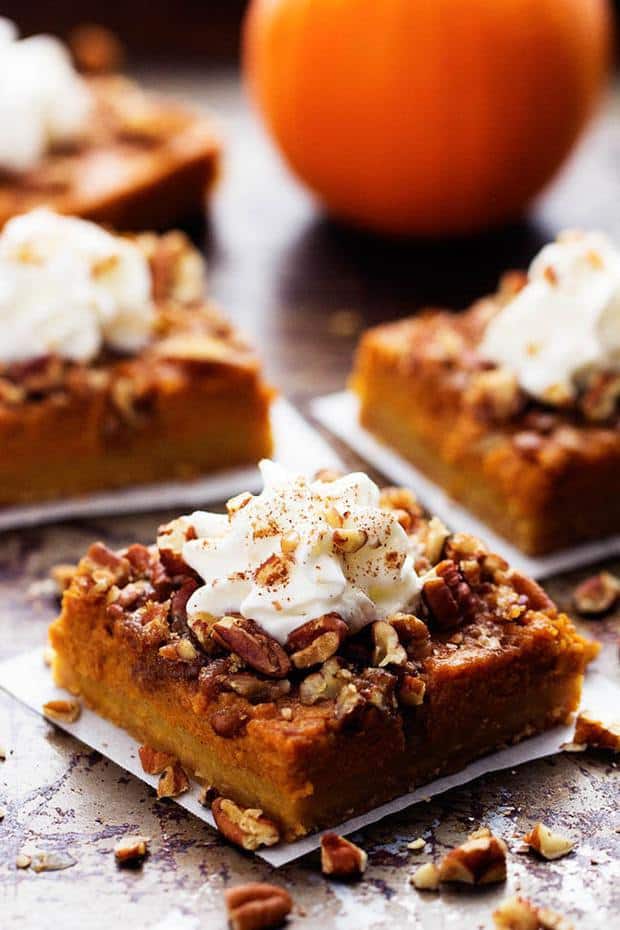 All of the goodness of pumpkin and pecan pie combine in these delicious dessert bars.  They are baked on top of a buttery shortbread crust and make one fantastic dessert!