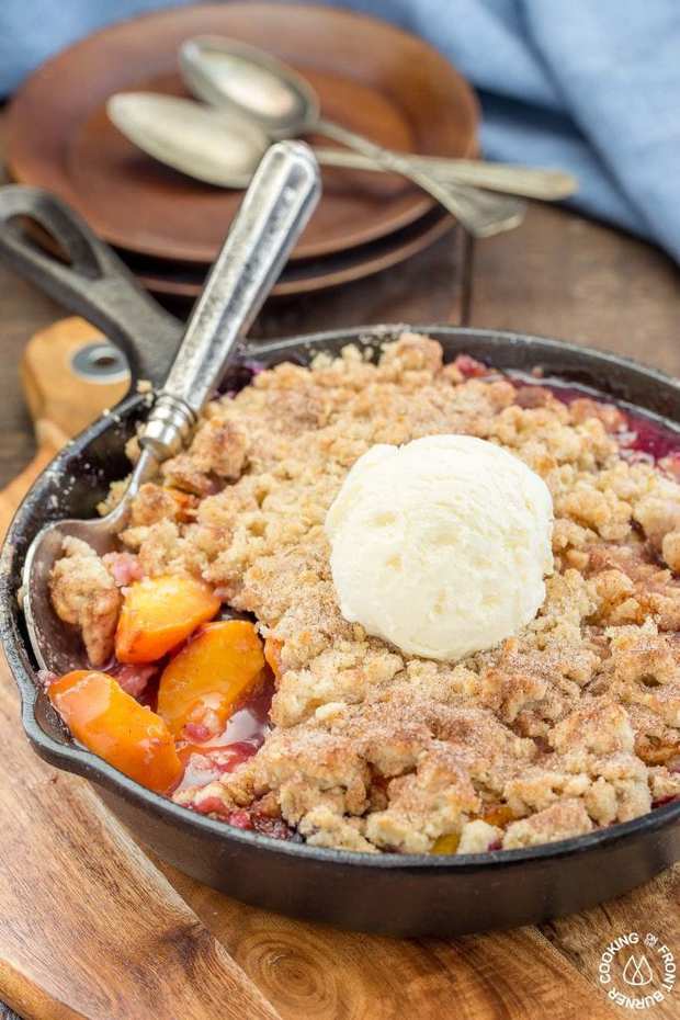 How does an easy Blueberry Peach Skillet Cobbler sound for a quick summer dessert?  This tasty treat has juicy peaches and blueberries with a crunchy oatmeal topping.  You can kick it up with some vanilla ice cream too!