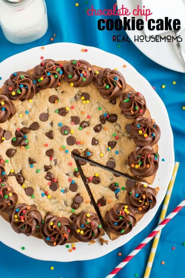 This easy, rich, and chewy chocolate chip cookie cake is the perfect cake to make for your next birthday celebration!