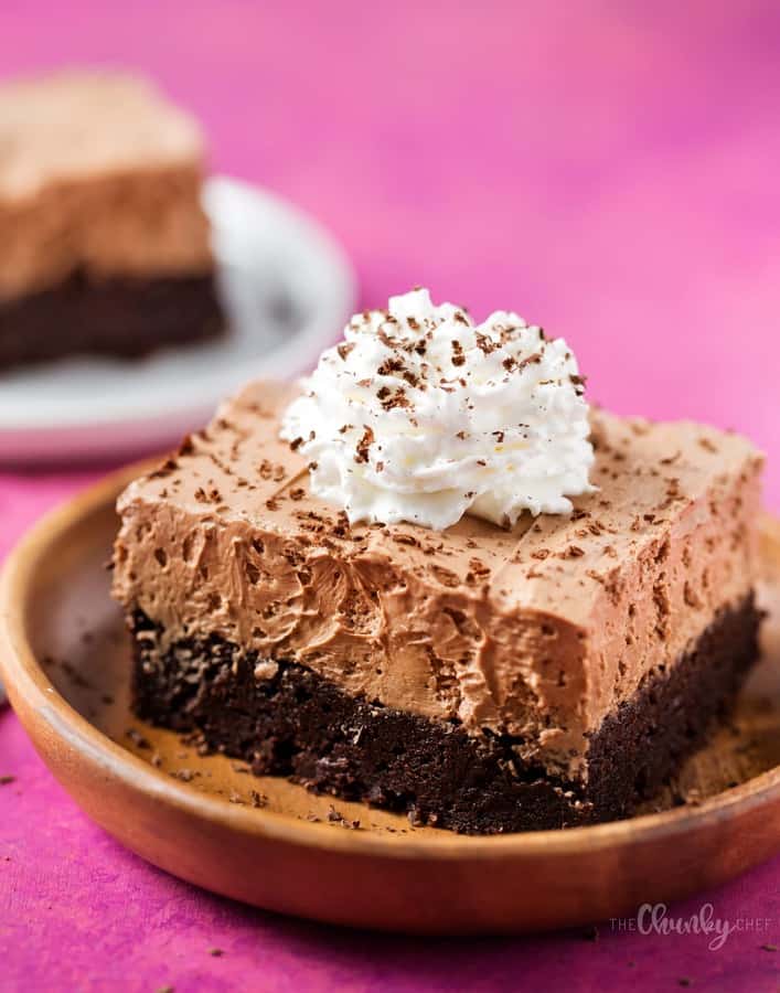 Fudgy brownies topped with a decadently rich French silk pie filling, whipped cream and shaved chocolate… they’re the ultimate chocolate lovers dessert!