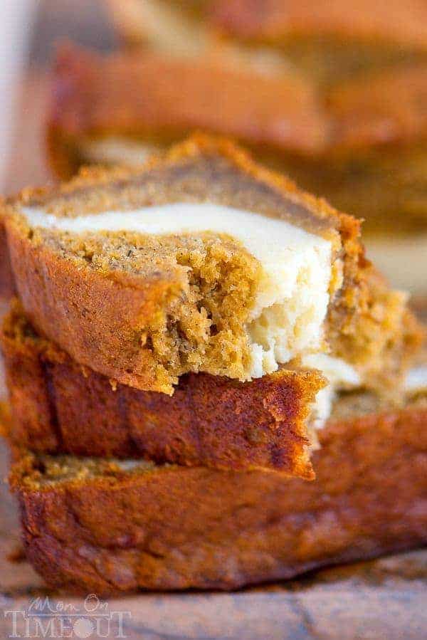 This Pumpkin Cheesecake Banana Bread is perfect for dessert but also doubles as an amazing breakfast…or snack…or lunch. It’s pretty amazing no matter what time you eat it! Ultra moist and bursting with pumpkin flavor!
