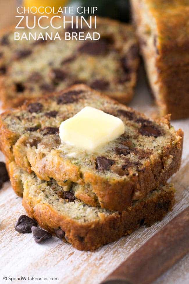 Chocolate Chip Zucchini Banana Bread combines the decadence of a sweet banana bread loaded with chocolate chips and the extra moistness of zucchini.  If you’ve never added zucchini to your baking, you’re in for a real treat! Zucchini makes baking so incredibly moist.