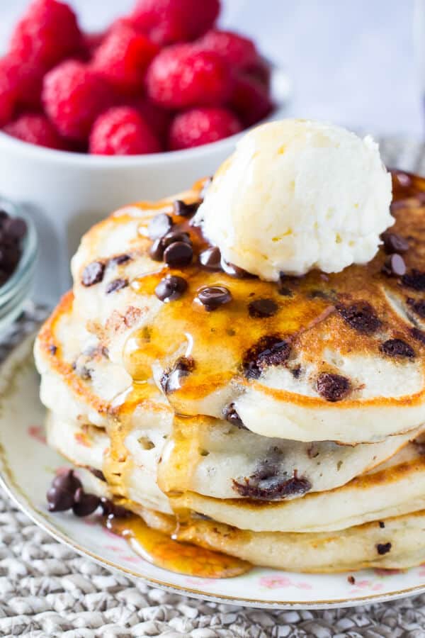 Perfectly stackable, super fluffy Chocolate Chip Pancakes. Made with buttermilk for the perfect flavor & filled with mini chocolate chips. These are delish!