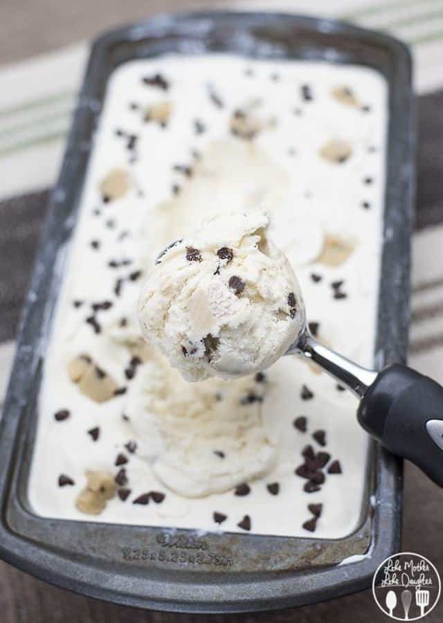 Chocolate chip cookie dough ice cream is made with a creamy mixer required vanilla ice cream and packed full of homemade eggless cookie dough and chocolate chips!