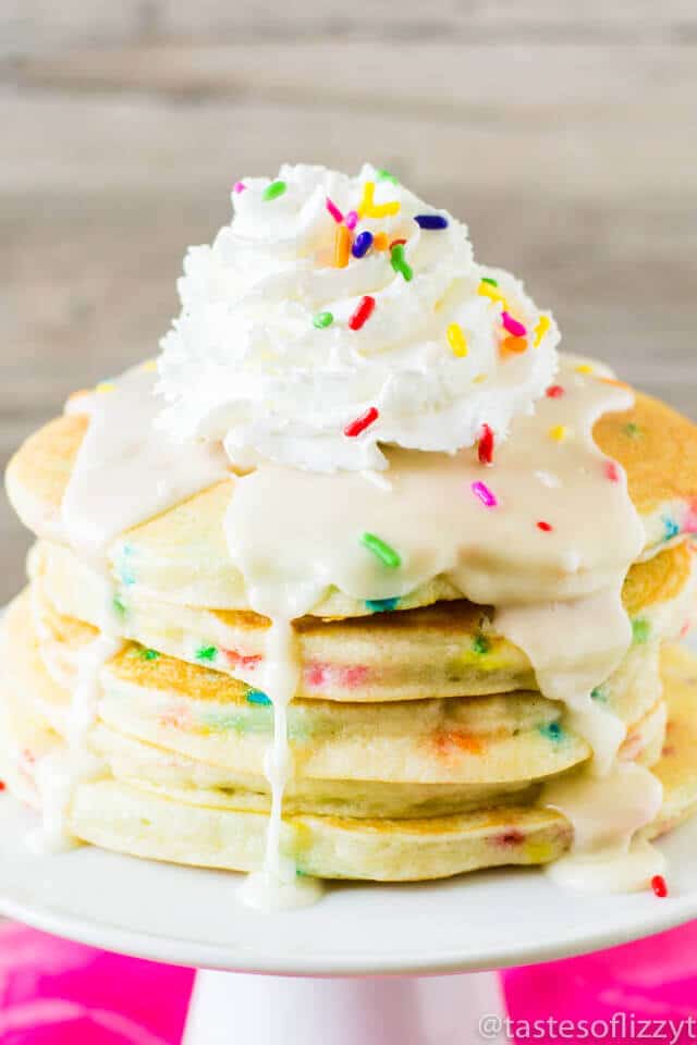 These Funfetti Pancakes will make a birthday shine or give an ordinary day a special start. A cake mix gives it that well-loved cake batter flavor, but these still have a wonderful pancake texture.  And don’t forget the buttercream glaze on top!