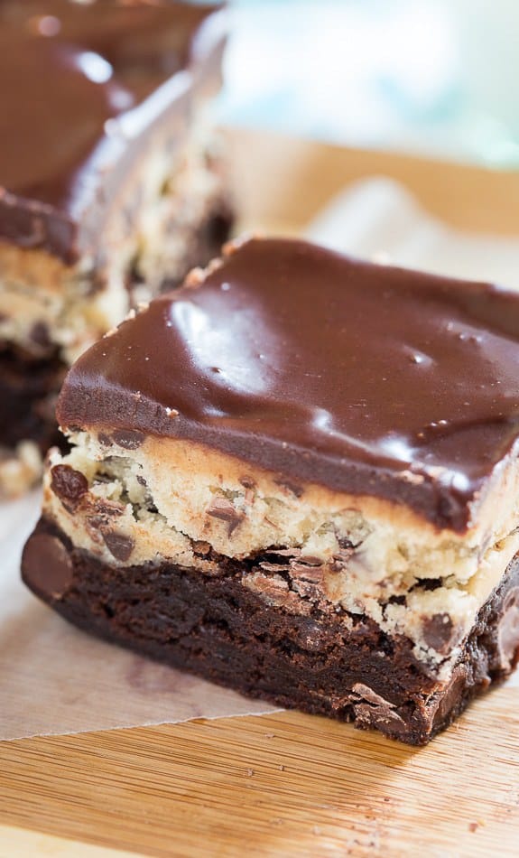 Cookie Dough Brownies have a fudgy layer of brownie, a thick layer of cookie dough, and a chocolate glaze. So thick you might have to eat them with a fork!
