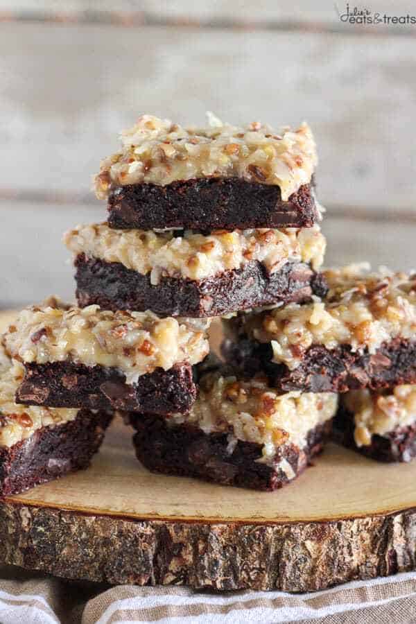 These rich chocolaty German Chocolate Brownies are topped with a gooey homemade coconut pecan frosting. Make the brownies from scratch, or use a boxed brownie mix as the base of this recipe. You’ll love this decadent dessert!