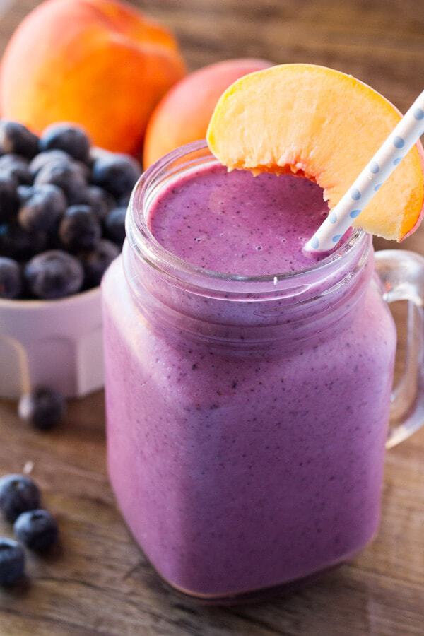 This blueberry peach smoothie dairy free, naturally sweetened & so delicious thanks to juicy peaches and blueberries. Made with almond milk, only 4 ingredients & is perfectly refreshing!