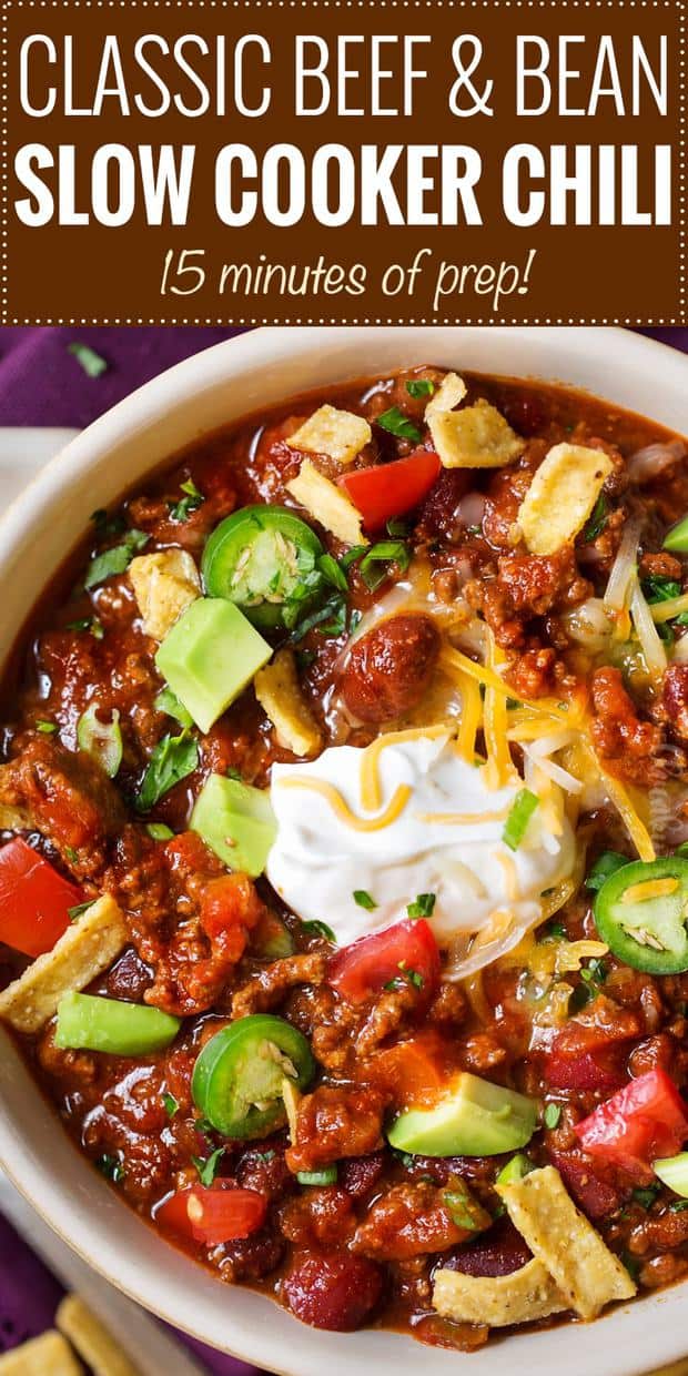 Warm up with a comforting bowl of this classic beef and bean slow cooker chili! Perfect for game day or a busy weeknight!