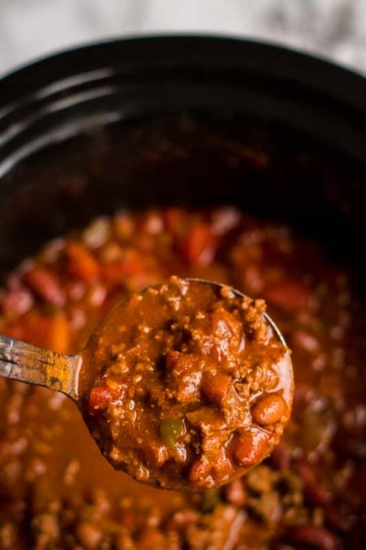 A close up of a metal pan, with Slow cooker chili
